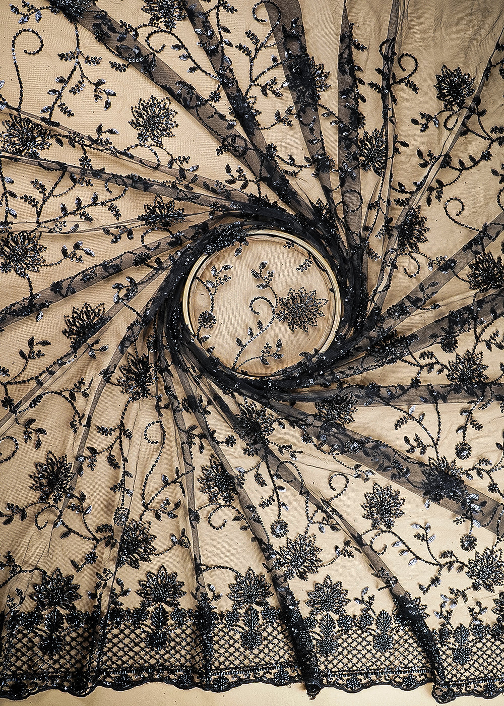 Black Imported Net Fabric With All Over Katdana, Bead And Sequins Work With One Side Scalloped Border 22035