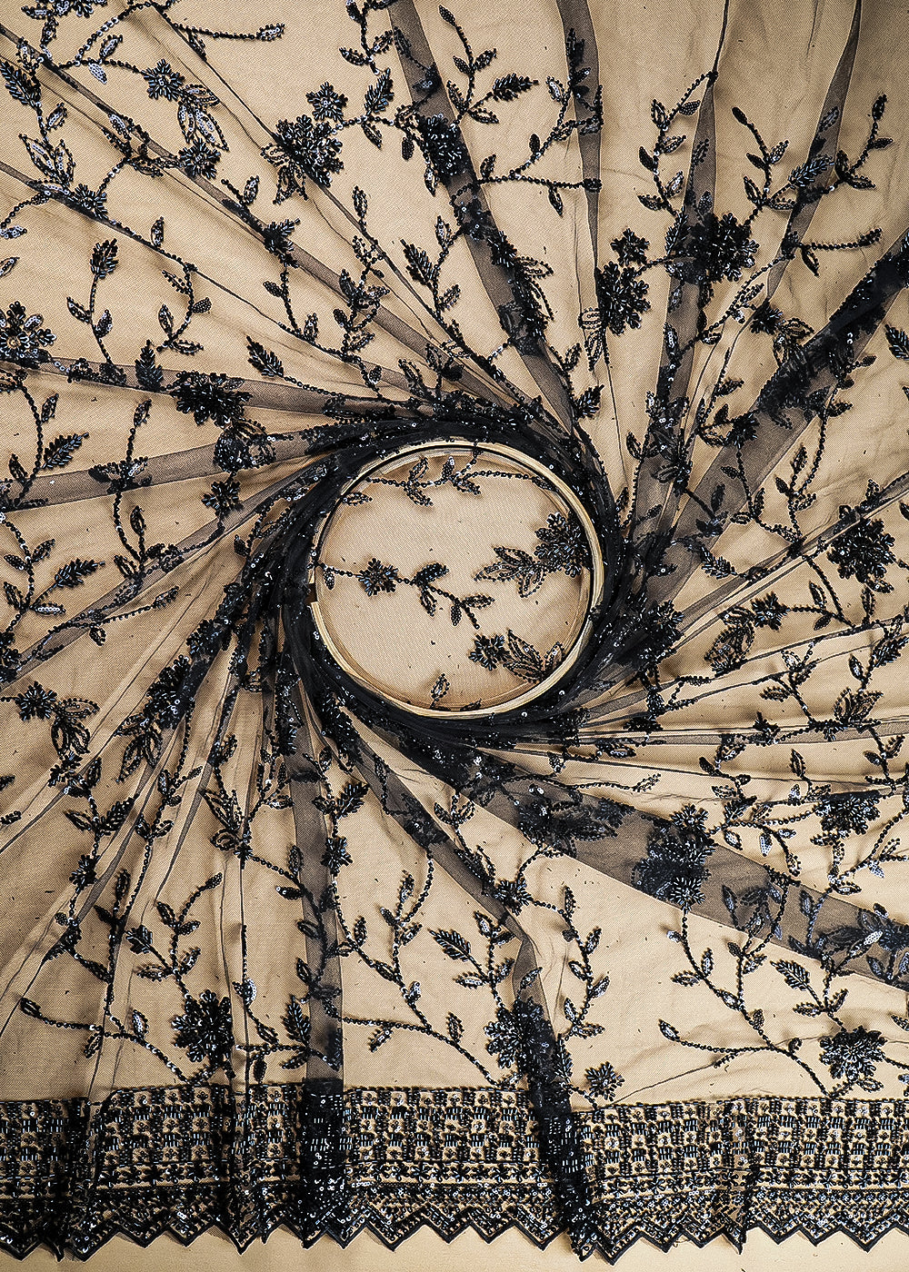 Black Imported Net Fabric With All Over Katdana, Bead And Sequins Work With One Side Scalloped Border 22036