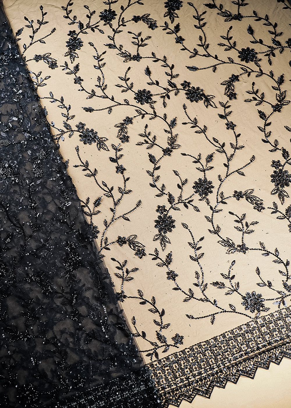 Black Imported Net Fabric With All Over Katdana, Bead And Sequins Work With One Side Scalloped Border 22036