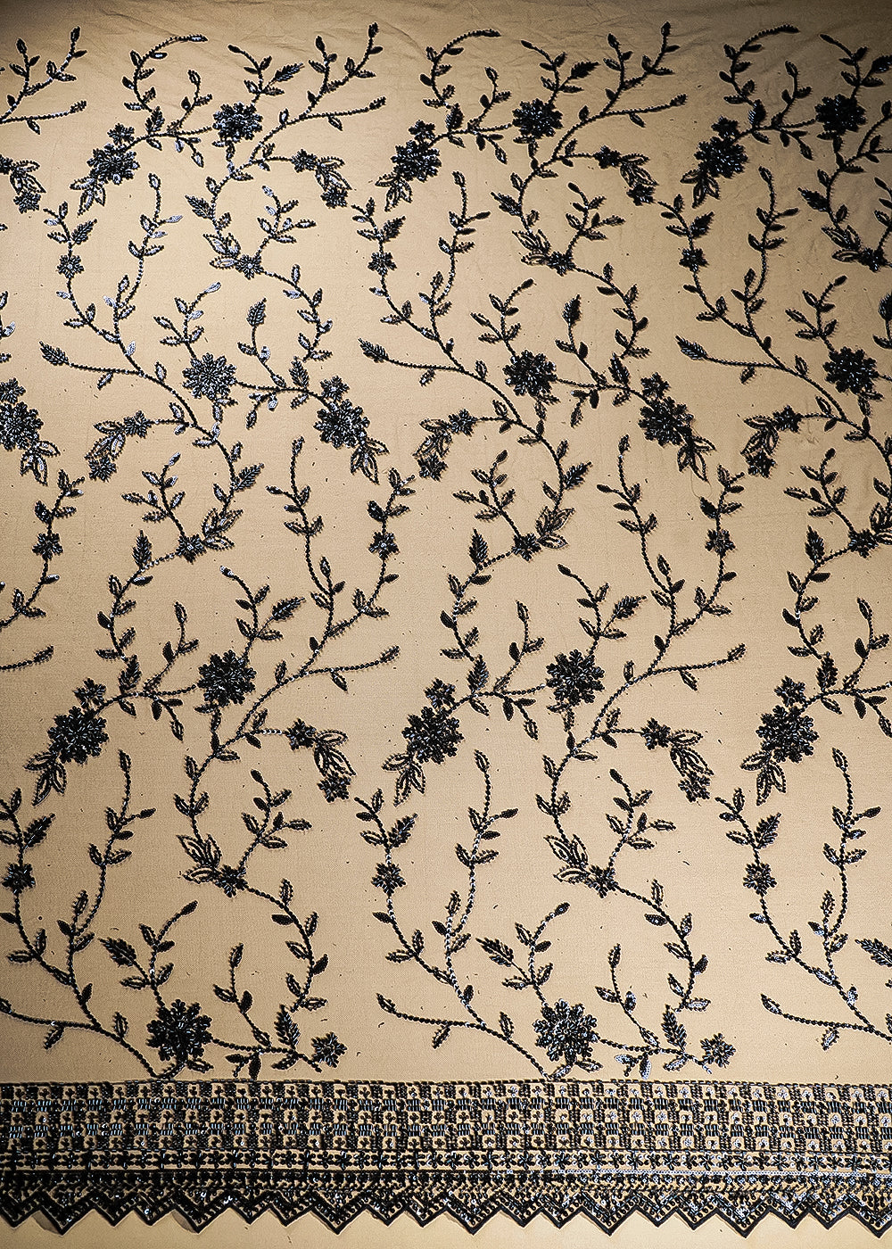 Black Imported Net Fabric With All Over Katdana, Bead And Sequins Work With One Side Scalloped Border 22036