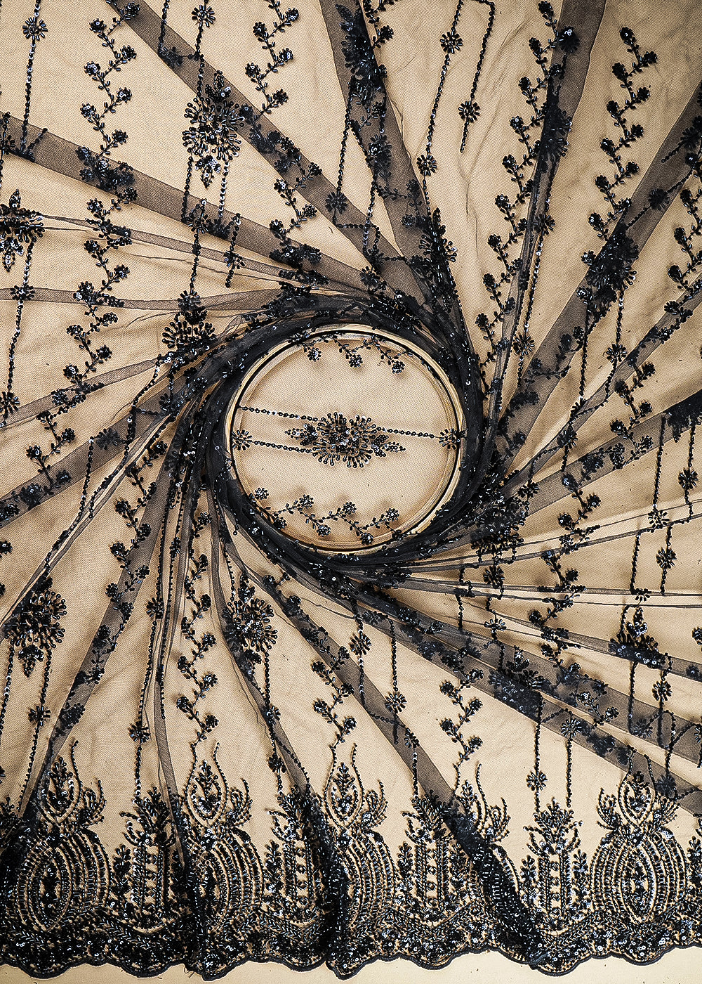 Black Imported Net Fabric With All Over Katdana, Bead And Sequins Work With One Side Scalloped Border 22037