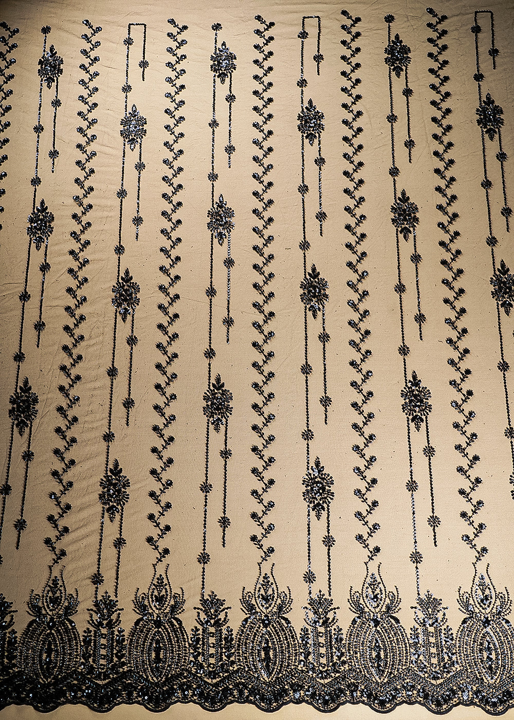 Black Imported Net Fabric With All Over Katdana, Bead And Sequins Work With One Side Scalloped Border 22037