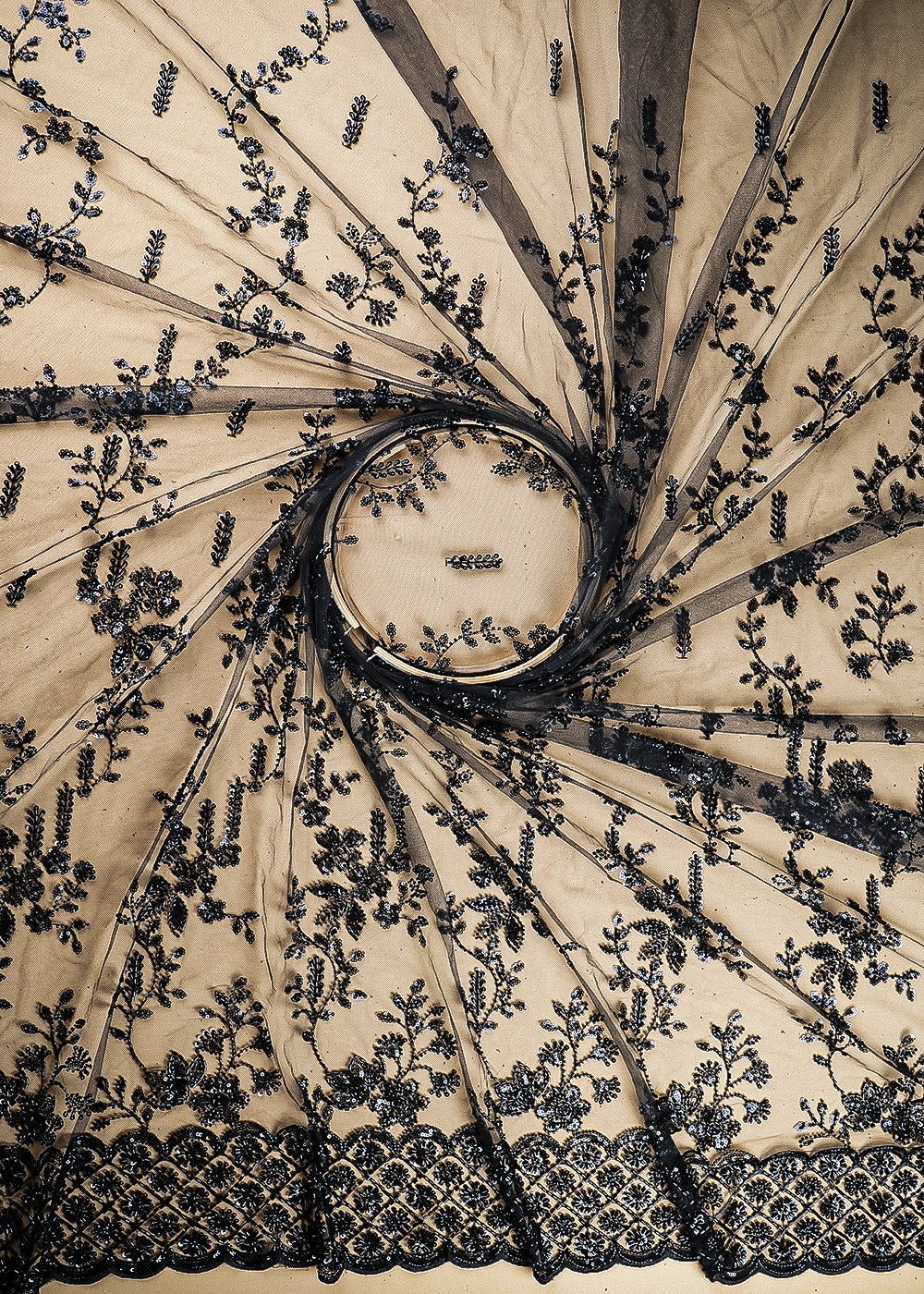 Black Imported Net Fabric With All Over Katdana, Bead And Sequins Work With One Side Scalloped Border 22038