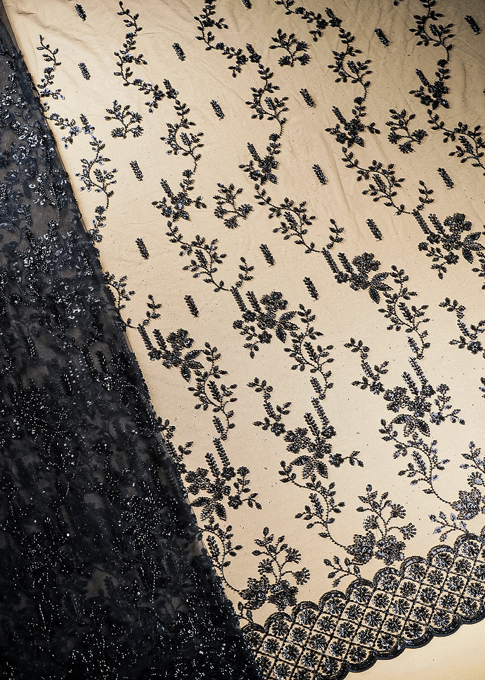 Black Imported Net Fabric With All Over Katdana, Bead And Sequins Work With One Side Scalloped Border 22038