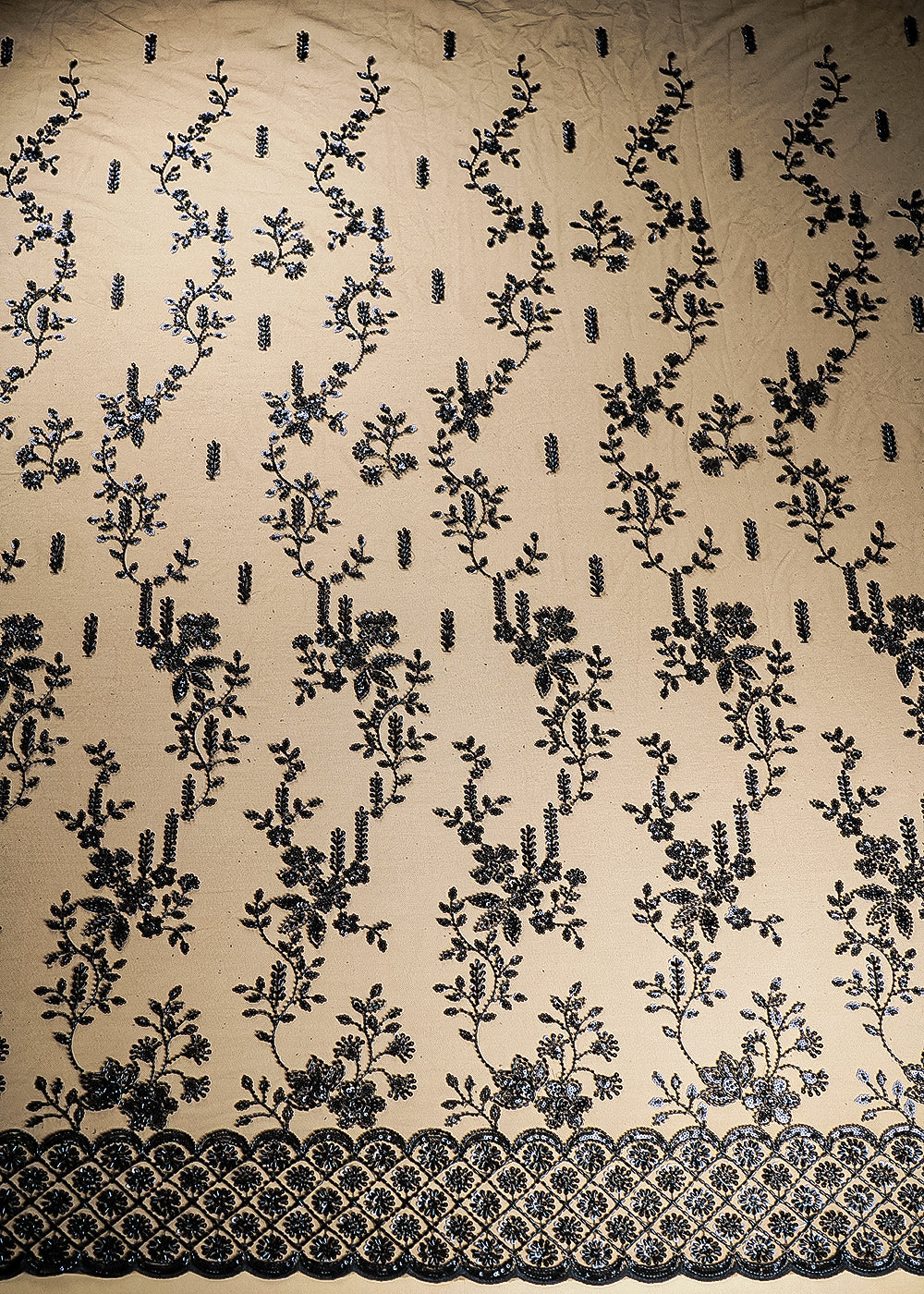 Black Imported Net Fabric With All Over Katdana, Bead And Sequins Work With One Side Scalloped Border 22038