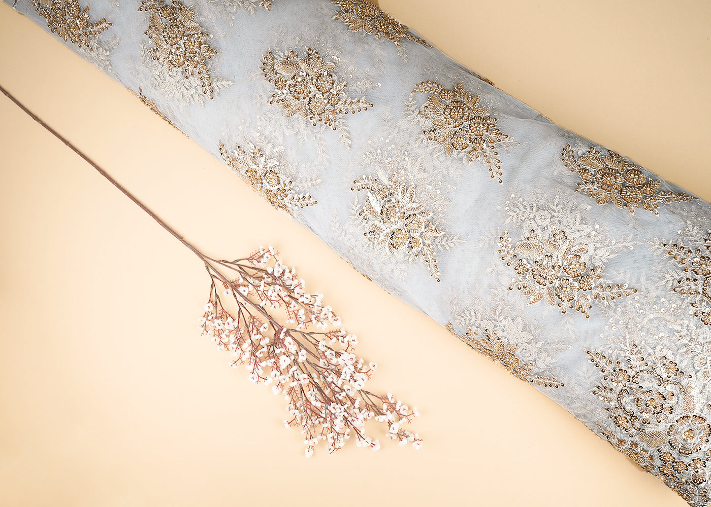 Grey Imported Net Fabric With All Over Sequins And Bead Work With One Side Scalloped Border 22039