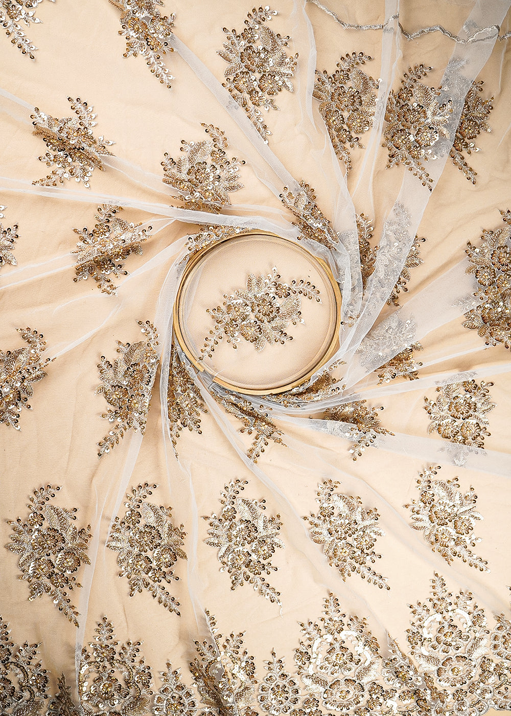 Grey Imported Net Fabric With All Over Sequins And Bead Work With One Side Scalloped Border 22039