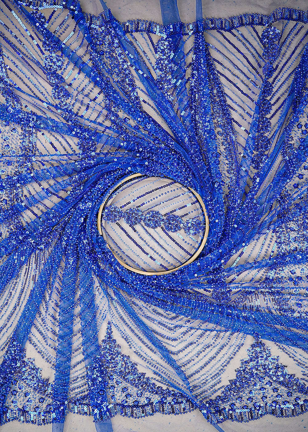 Royal Blue Imported Net Fabric With All Over Katdana, Sequins And Bead Work With Two Side Scalloped Edges 22040