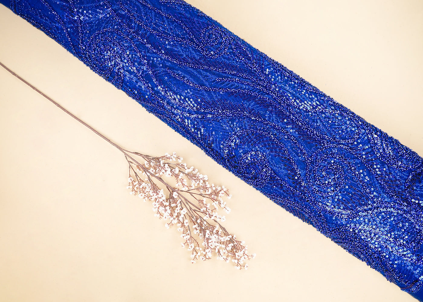 Royal Blue Imported Net Fabric With All Over Katdana, Sequins And Bead Work With Two Side Scalloped Edges 22045
