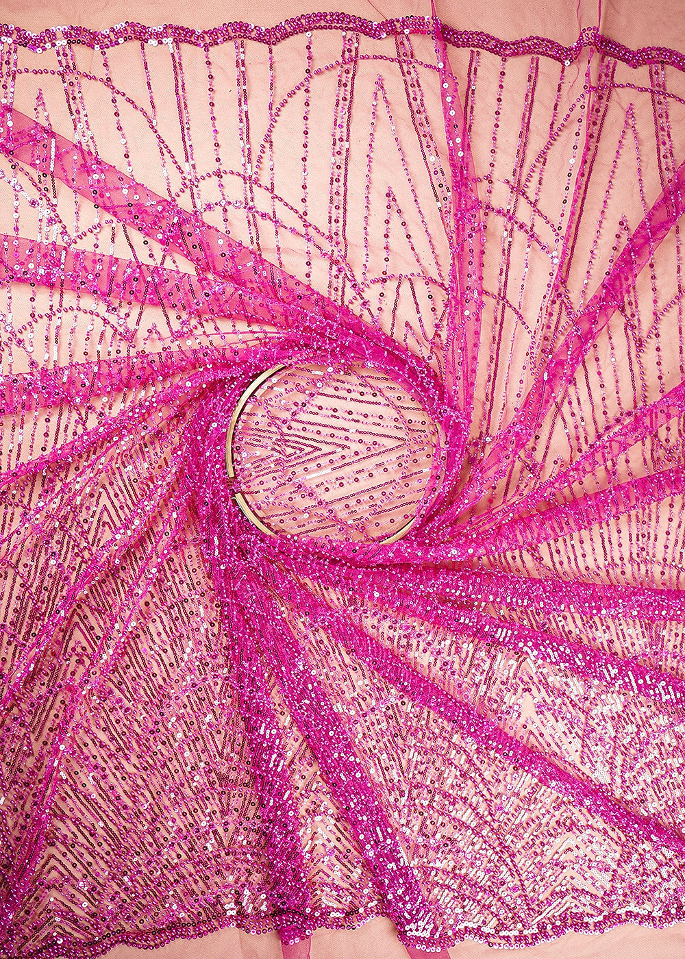 Magenta Imported Net Fabric With All Over Beads And Sequins Work With Two Side Scalloped Edges 22049