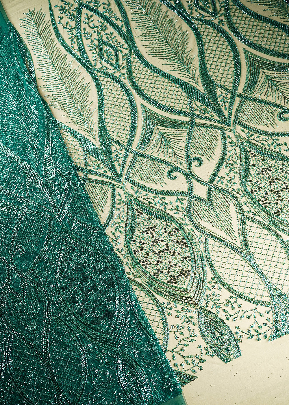 Bottle Green Imported Net Fabric With All Over Sequins And Bead Work With One Side Scalloped Border 22051