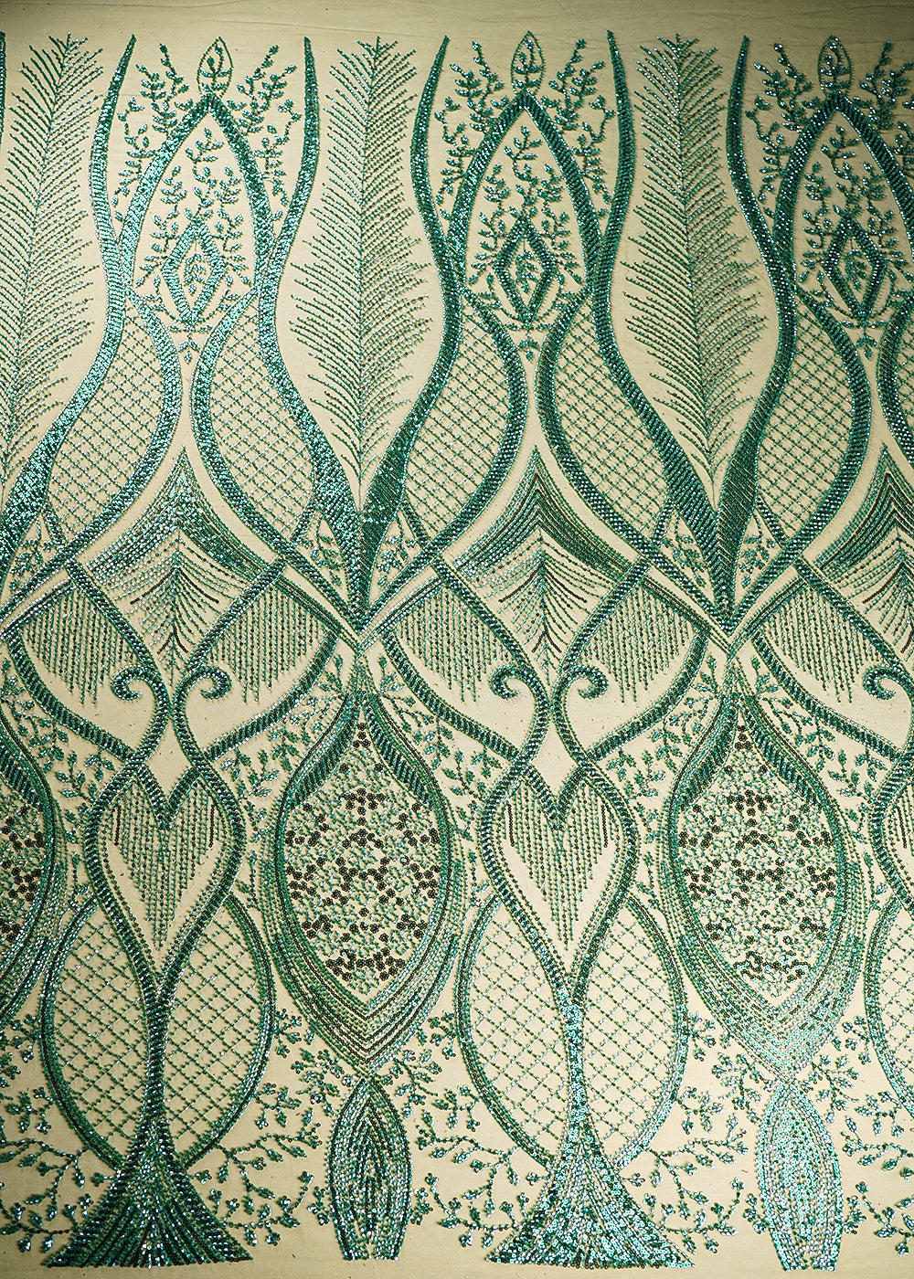 Bottle Green Imported Net Fabric With All Over Sequins And Bead Work With One Side Scalloped Border 22051