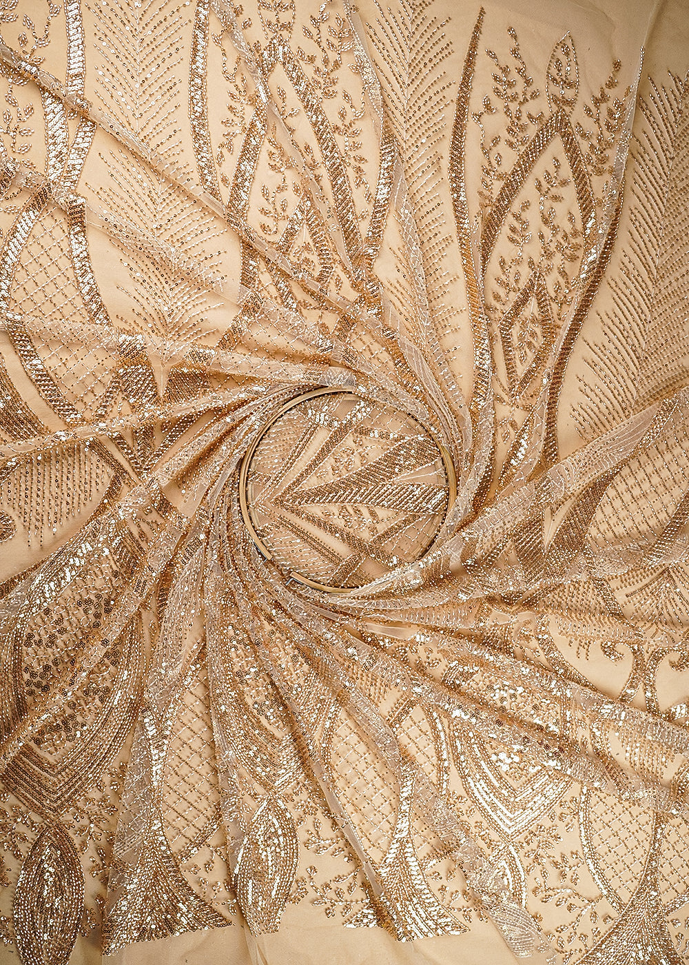 Golden Imported Net Fabric With All Over Sequins And Bead Work With One Side Scalloped Border 22052
