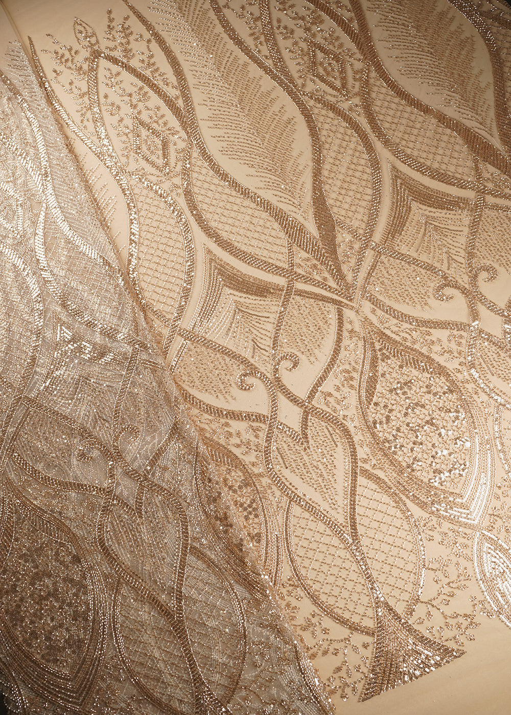 Golden Imported Net Fabric With All Over Sequins And Bead Work With One Side Scalloped Border 22052