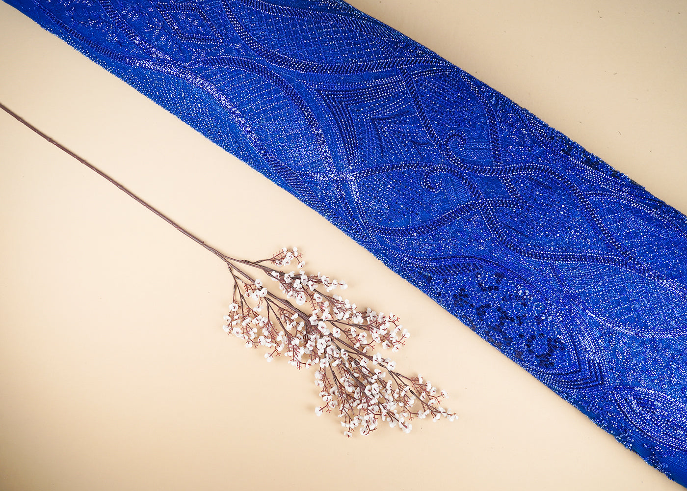 Royal Blue Imported Net Fabric With All Over Sequins And Bead Work With One Side Scalloped Border 22053