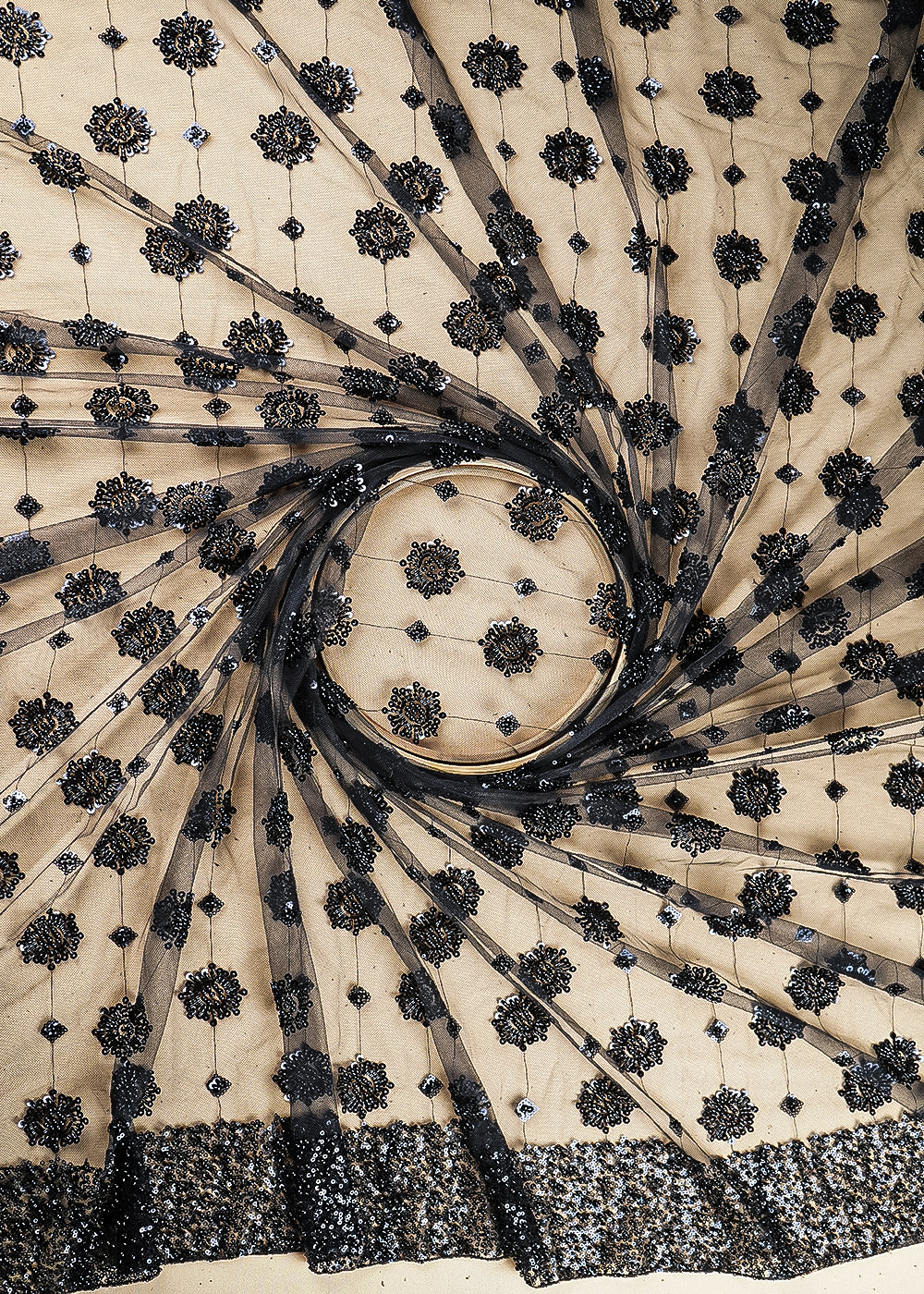 Black Imported Net Fabric With All Over Katdana, Bead And Sequins Work With One Side Scalloped Border 22054