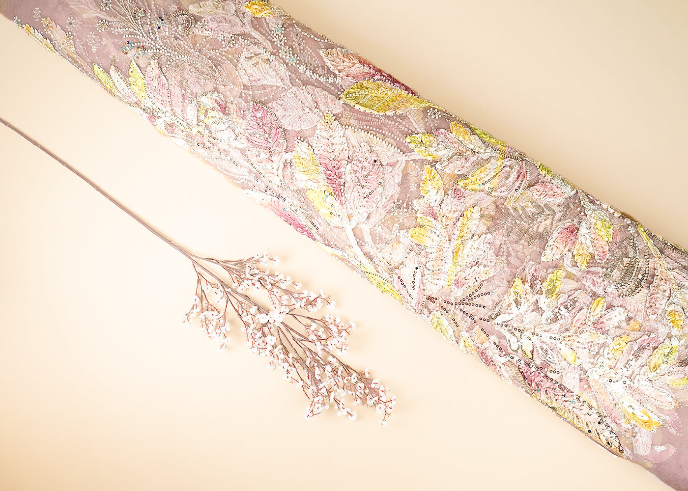 Light Pink Imported Net Fabric With All Over Beads, Sequins And Ribbon Work  22073