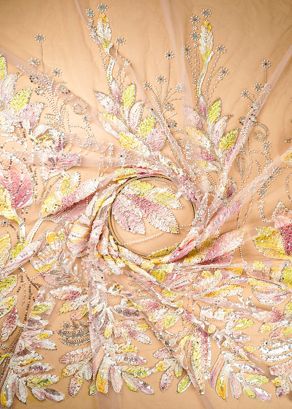 Light Pink Imported Net Fabric With All Over Beads, Sequins And Ribbon Work  22073