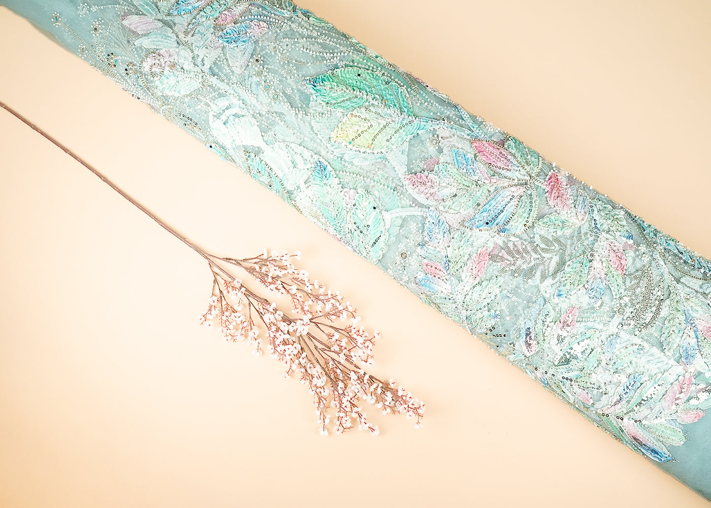 Aqua Blue Imported Net Fabric With All Over Beads, Sequins And Ribbon Work  22074