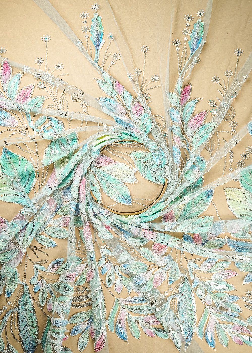 Aqua Blue Imported Net Fabric With All Over Beads, Sequins And Ribbon Work  22074