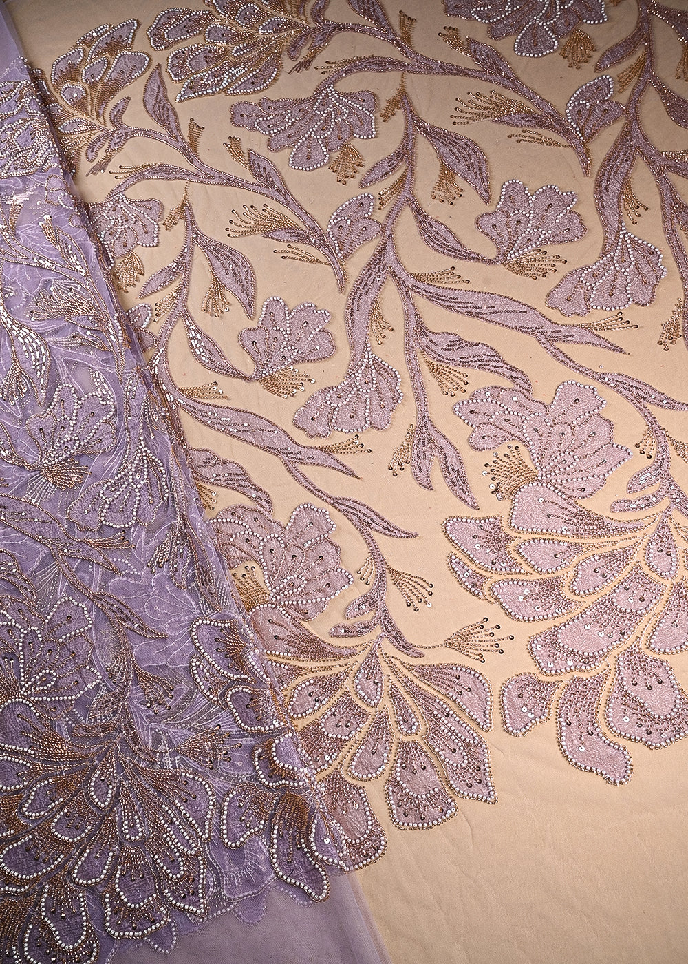 Lavender Imported Net Fabric With All Over Bead, Sequins And Patch Work 22079-fabric-view