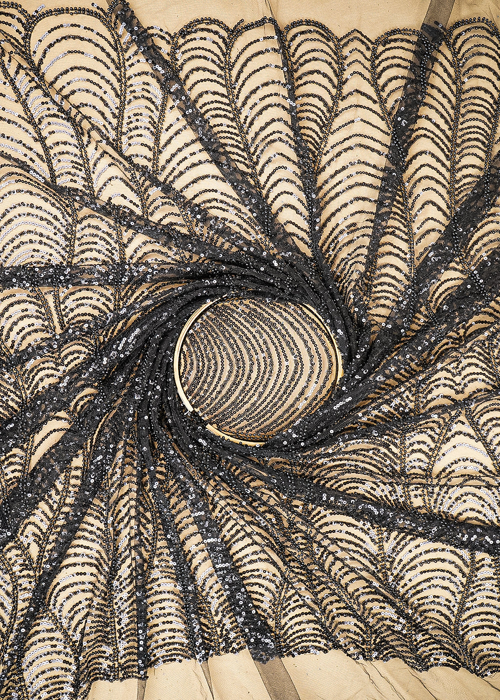 Black Imported Net Fabric With All Over Katdana, Sequins And Bead Work 22082