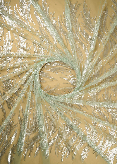 Sea Green Imported Net Fabric With All Over Sequins And Beads Work 22085