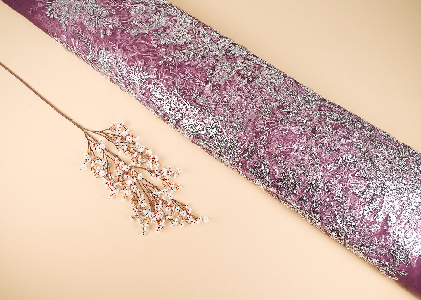 Dark Pink Imported Net Fabric With All Over Bead And Sequins Work 22087