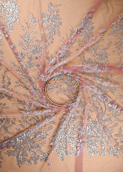 Dark Pink Imported Net Fabric With All Over Bead And Sequins Work 22087