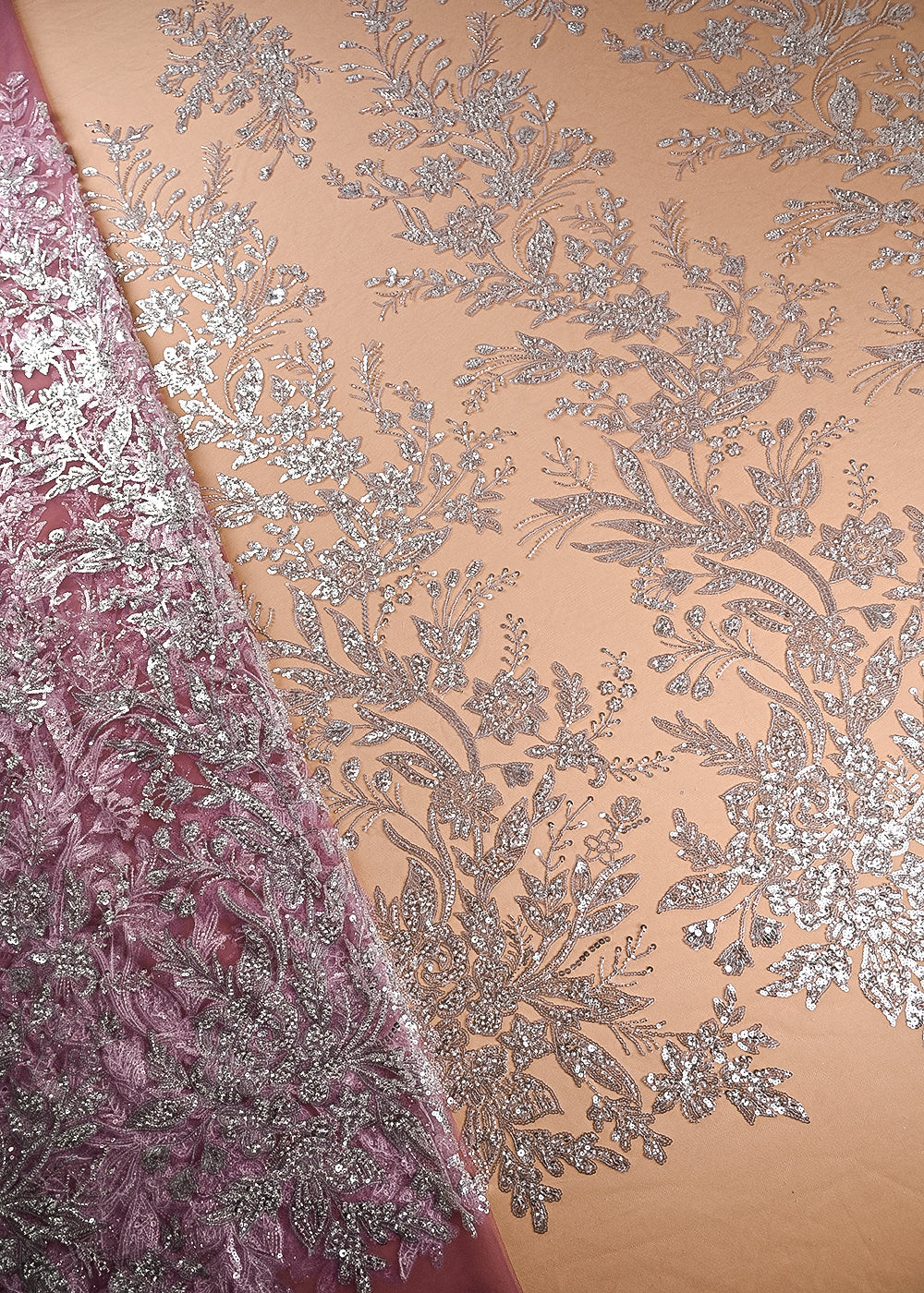 Dark Pink Imported Net Fabric With All Over Bead And Sequins Work 22087