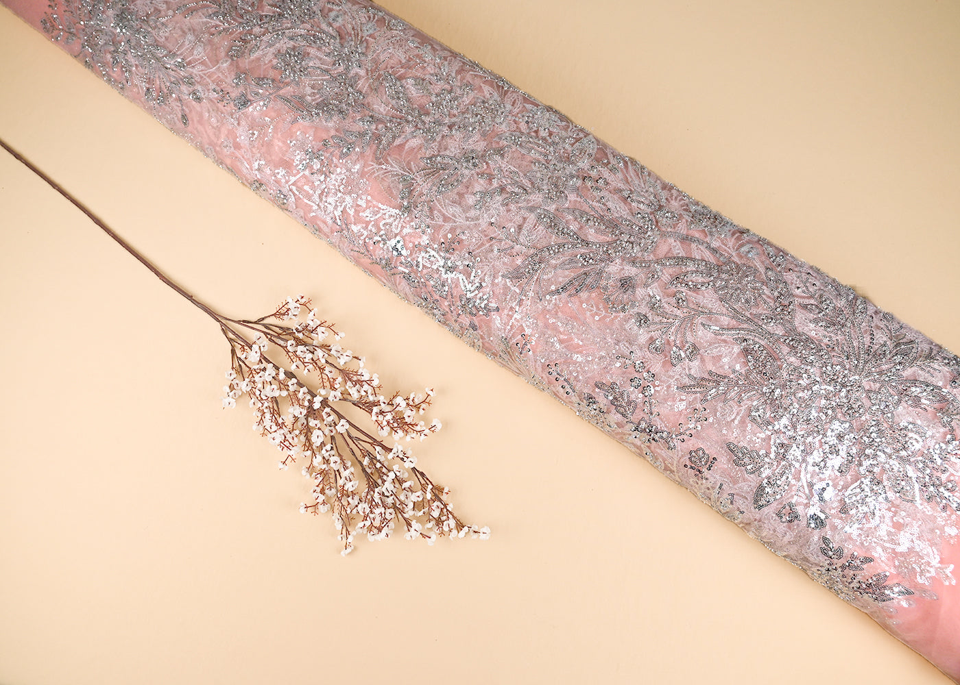 Peach Imported Net Fabric With All Over Bead And Sequins Work 22089