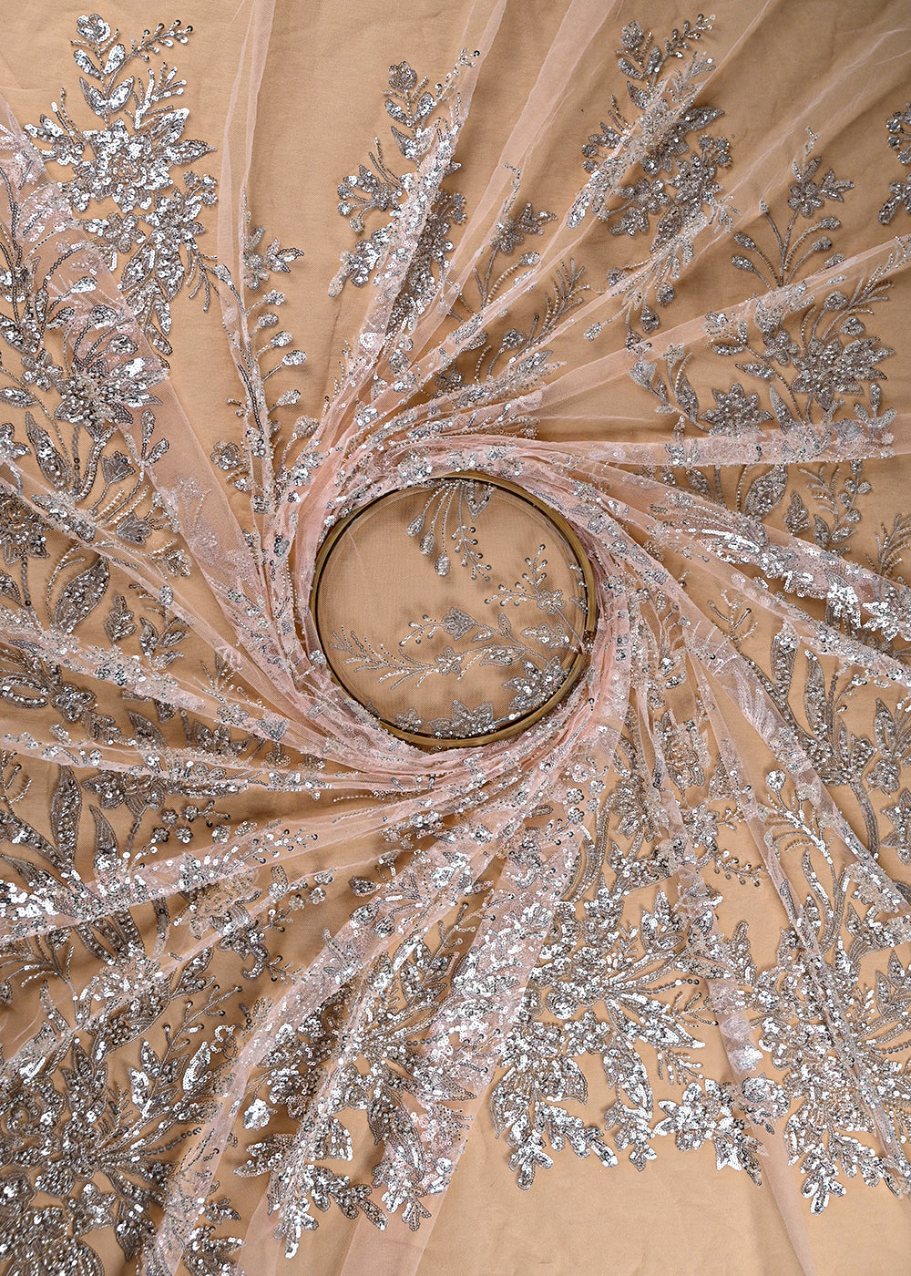 Peach Imported Net Fabric With All Over Bead And Sequins Work 22089