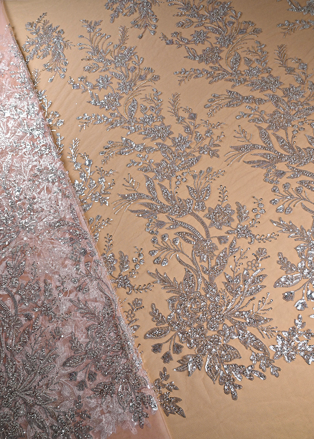 Peach Imported Net Fabric With All Over Bead And Sequins Work 22089