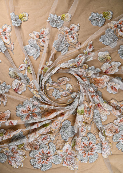 Beige Imported Net Fabric With All Over Bead And Ribbon Work 22096