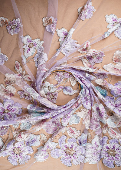 Lavender Imported Net Fabric With All Over Bead And Ribbon Work 22099