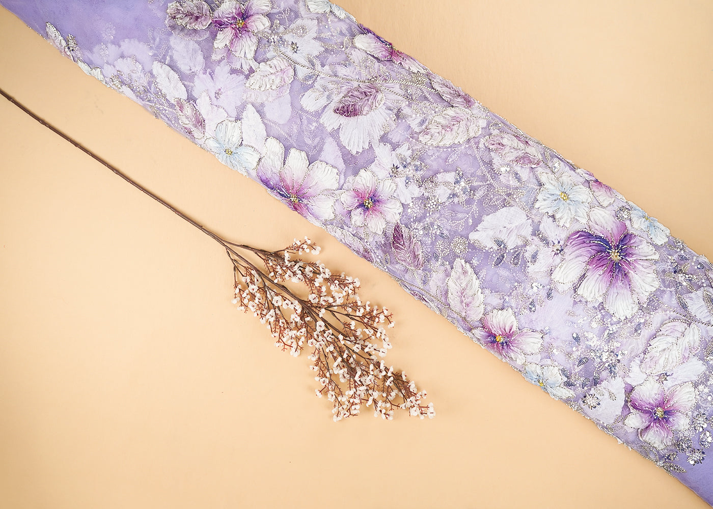 Purple Imported Net Fabric With All Over Katdana, Sequins, Bead, And Ribbon Work 22100