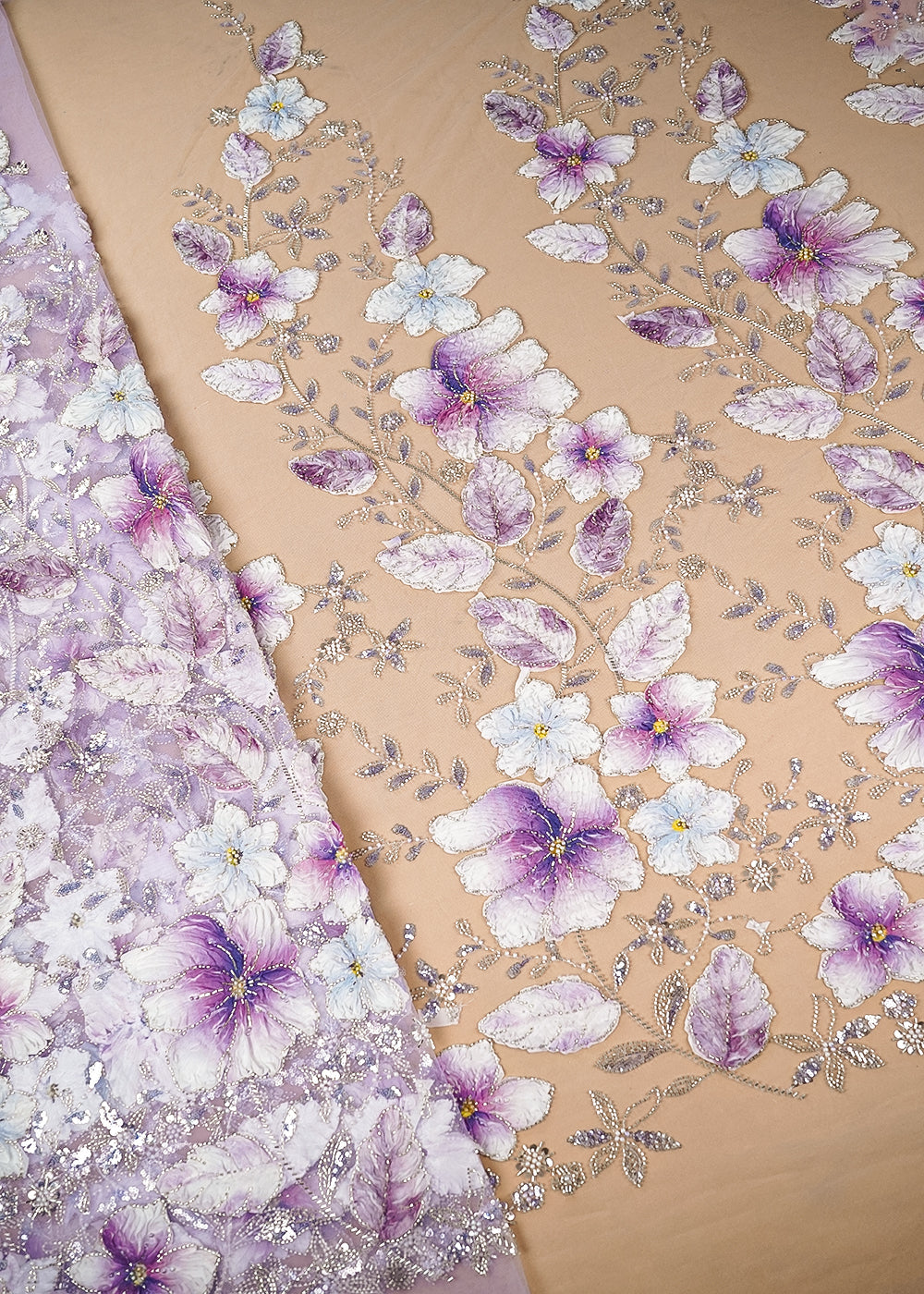 Purple Imported Net Fabric With All Over Katdana, Sequins, Bead, And Ribbon Work 22100