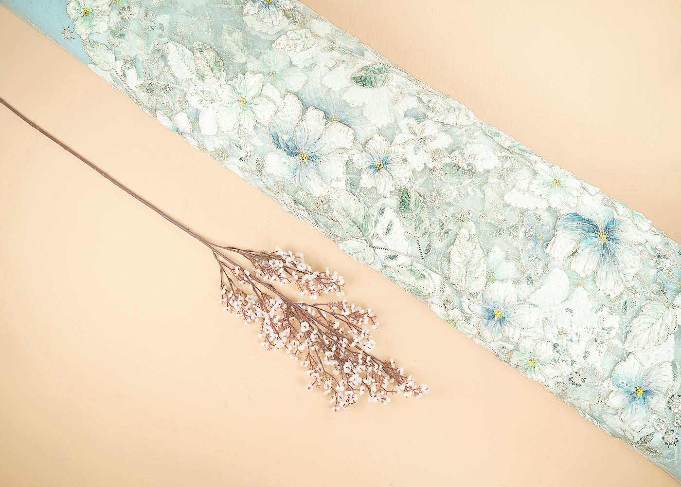 Sky Blue Imported Net Fabric With All Over Sequins, Bead, Katdana And Ribbon Work 22101