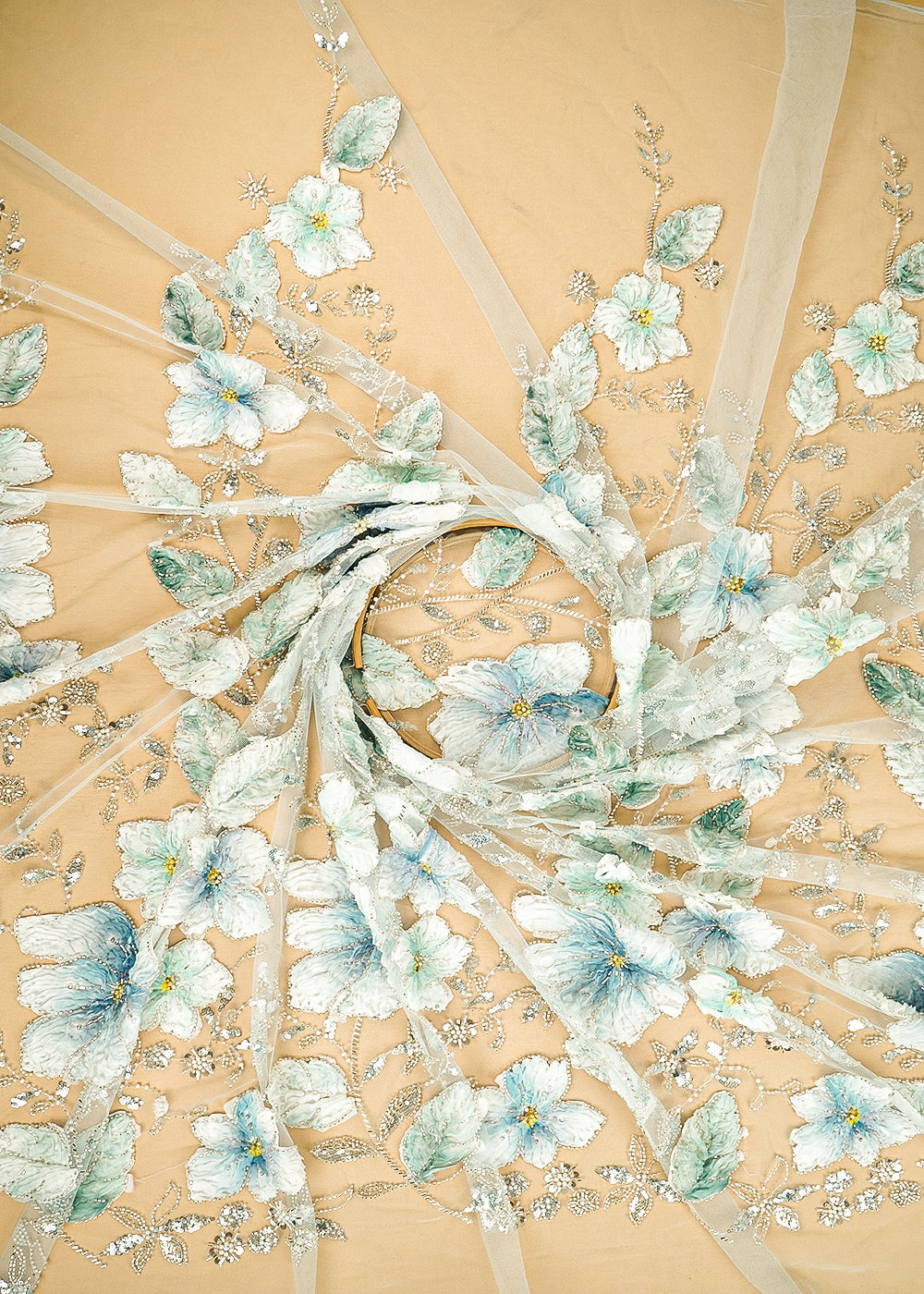 Sky Blue Imported Net Fabric With All Over Sequins, Bead, Katdana And Ribbon Work 22101