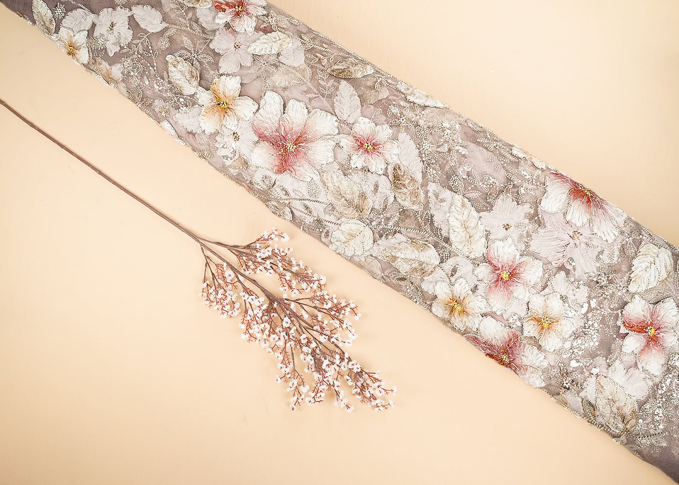 Dusky Pink Imported Net Fabric With All Over Sequins, Bead, Katdana And Ribbon Work 22103