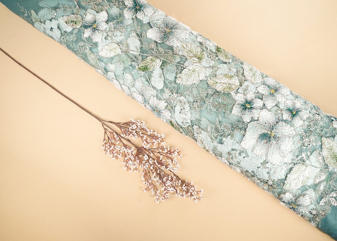 Teal Imported Net Fabric With All Over Sequins, Bead, Katdana And Ribbon Work 22104