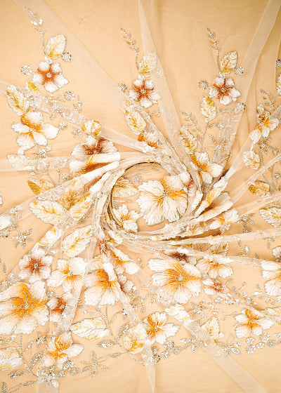 Cream Imported Net Fabric With All Over Sequins, Bead, Katdana And Ribbon Work 22105