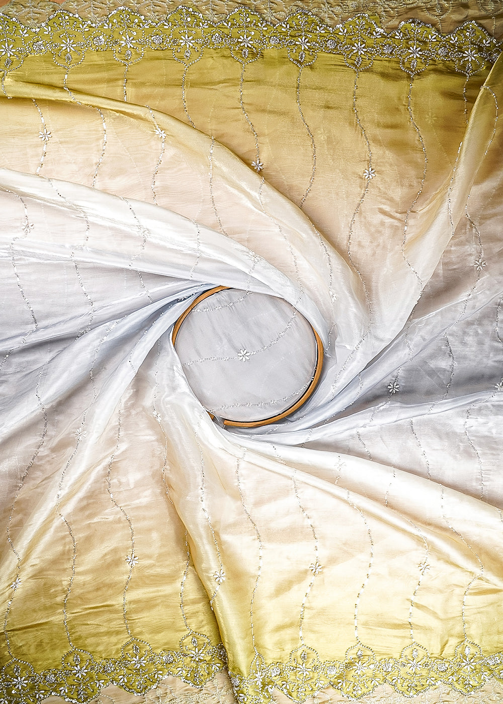 Mehendi Green And Pale Blue Organza Fabric With All Over Bead, Katdana And Sequins With Two Side Scalloped Border 22107