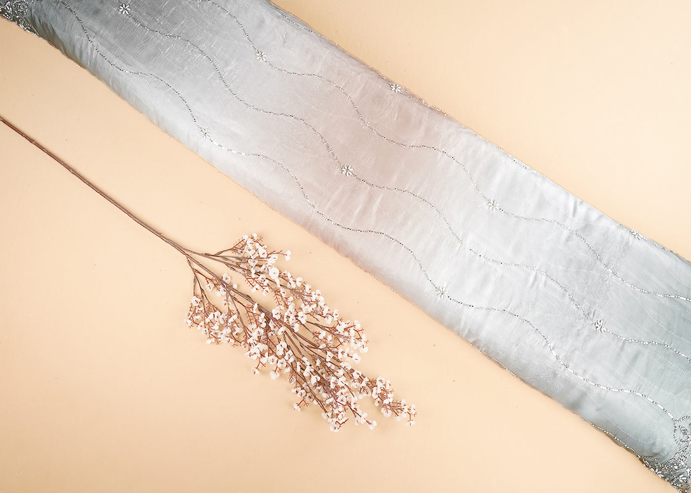 Grey & Beige Organza Fabric With All Over Bead, Katdana And Sequins With Two Side Scalloped Border 22108