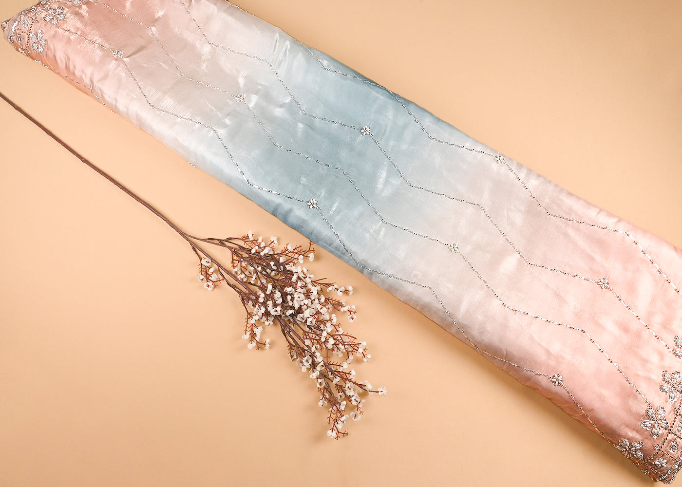 Peach & Ice Blue Organza Satin Fabric With All Over Ombre Shade, Bead And Sequins Work With Border 22110