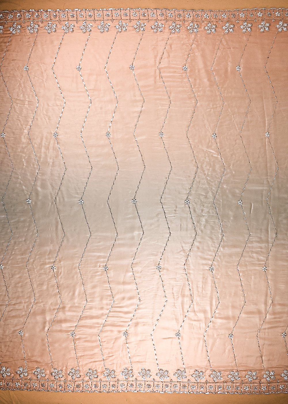 Peach & Ice Blue Organza Satin Fabric With All Over Ombre Shade, Bead And Sequins Work With Border 22110