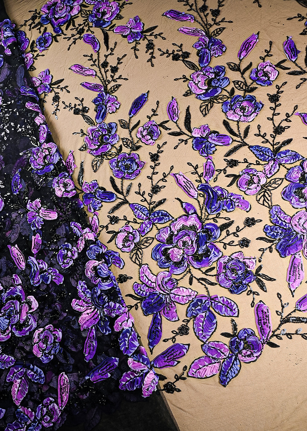 Black-Imported-Net-Fabric-With-All-Over-Sequins,-Bead-And-Purple-Ribbon-Work-22112-net-view