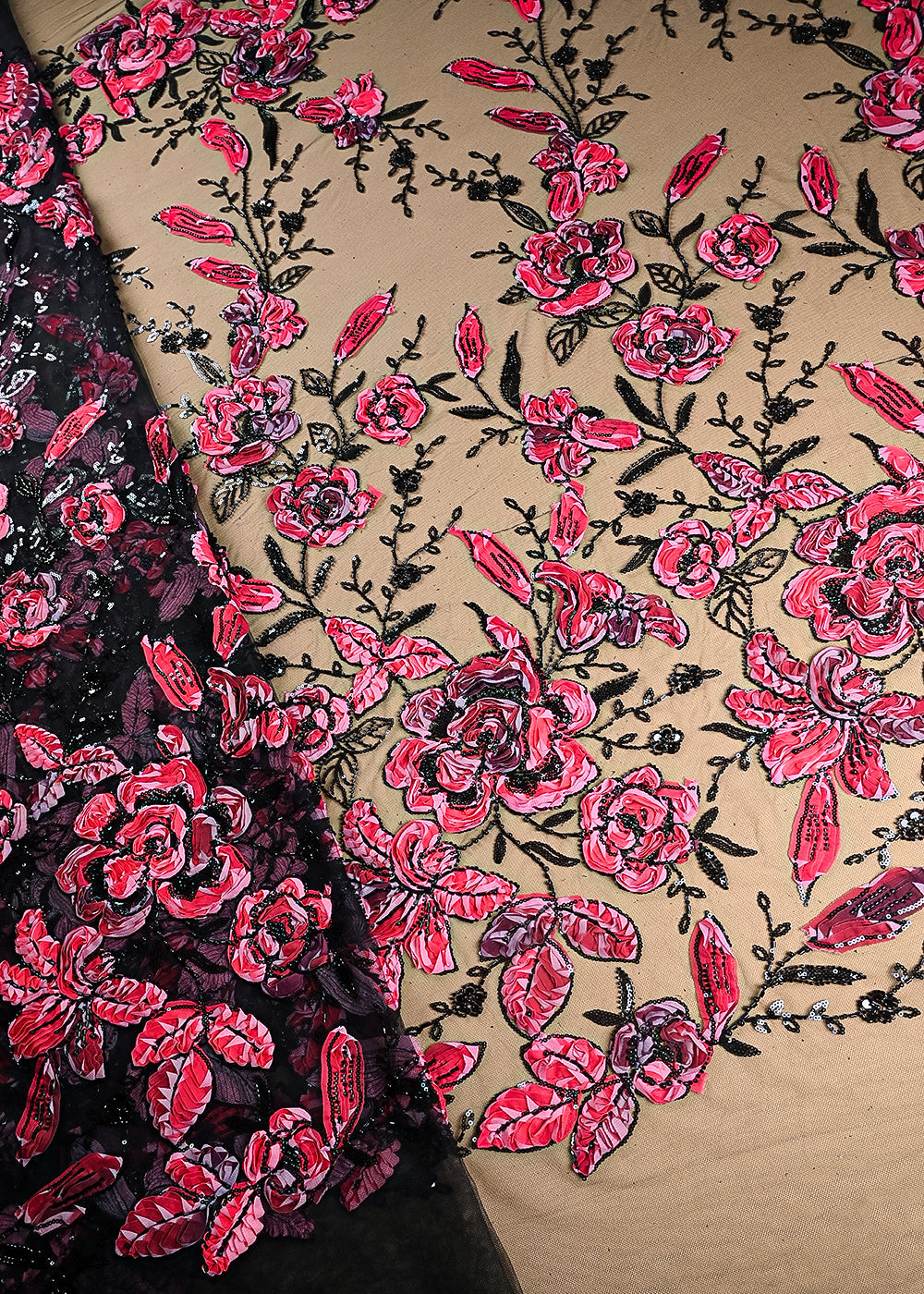Black-Imported-Net-Fabric-With-All-Over-Sequins,-Bead-And-Hot-Pink-Ribbon-Work-22113-net-view