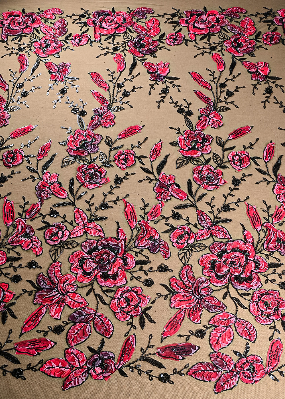 Black-Imported-Net-Fabric-With-All-Over-Sequins,-Bead-And-Hot-Pink-Ribbon-Work-22113-work-view