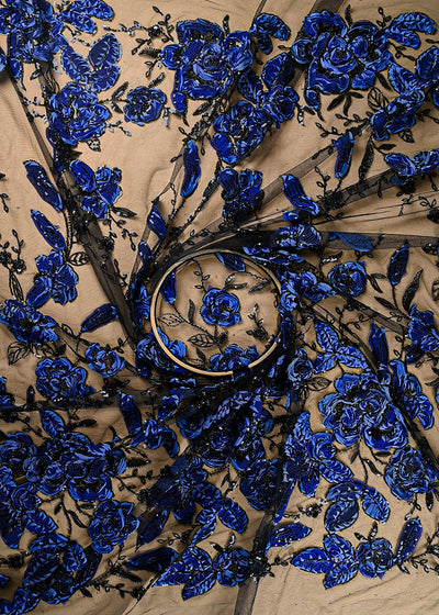Black Imported Net Fabric With All Over Sequins, Bead And Navy Blue Ribbon Work 22115